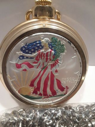 2000.  925oz SILVER EAGLE PAINTED WALKING LIBERTY POCKET WATCH Limited Edition 2