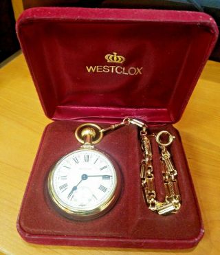 Vintage Westclox Train Master Pocket Watch And Chain Gold Plated 1970s W/ Box