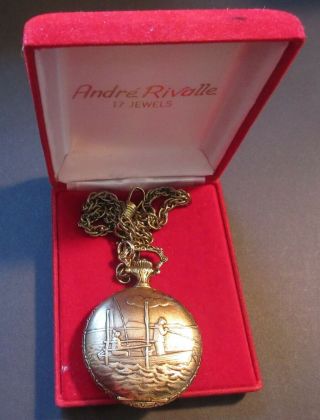 Andre Rivalle 17 Jewel Swiss Wind Up Pocket Watch FISHERMAN ORIG BOX CASE 2