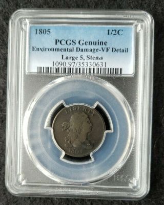 1805 Half Cent Large 5 With Stems.  Pcgs Vf Detail.  Environmental Damage