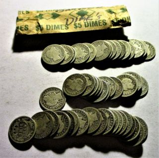 Full Roll (50) Circulated Barber Dimes.  P - D - O - S Marks.  Assorted Dates.