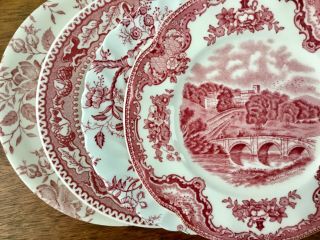 Vintage Mismatched China Bread Dessert Plates Pink /red Transferware Set Of 4