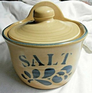 Pfaltzgraff Folk Art Crock Salt Box W/lid - Tan W/blue Decor - For Wall Or Table