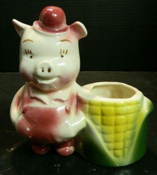 Vintage Hp Shawnee Art Pottery Pig In Overalls & Hat Corn Cob Planter
