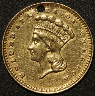 1862 U.  S.  Indian Princess Head $1 One Dollar Gold Coin - Holed