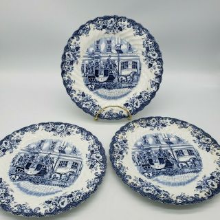 Johnson Brothers Coaching Scenes Blue - " Coach Office " - (3) Salad Plates 7 7/8 "