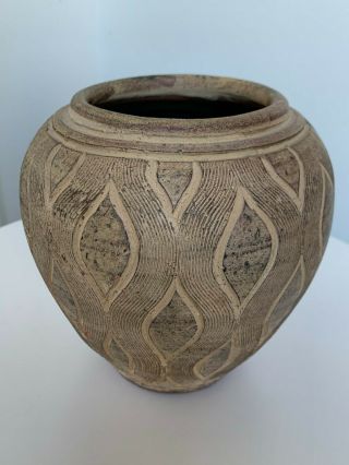 Mid Century Modern Studio Art Pottery Vase Tan Brown Glaze Leaf Design