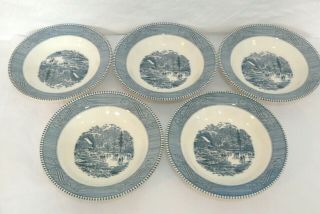 Currier And Ives Royal China Early Winter 8 - 1/4 " Rimmed Soup Bowl Set Of 5 Blue