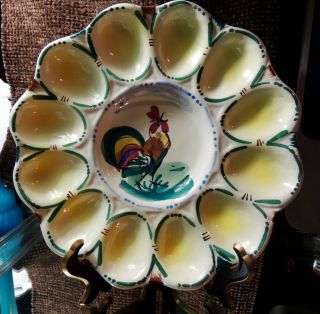 Vintage Italian Ceramic Pottery Hand Painted Deviled Egg Plate W/rooster