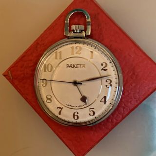 NOS Vintage Russian PAKETA/RAKETA Wind Up Mechanical Pocket Watch,  Box & Papers 2