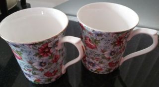 Blue Chintz Past Times Oxford England Fine Bone China Floral Coffee Tea Mugs Euc