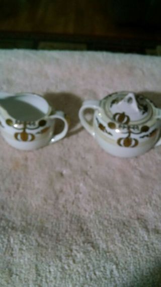 Antique Nippon Hand Painted Creamer And Sugar Bowl With Lid.  Gold On White.