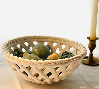 Vintage White Porcelain Woven Fruit Or Bread Basket - Signed - 10 1/4”x 12”
