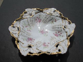 Ornate Old Ct Germany Pink Flowers & Heavy Gold Decorated Porcelain 10.  5 " Bowl