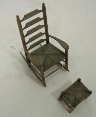 Doll House Wooden Ladder Back Rocking Chair & Stool With Woven Seats