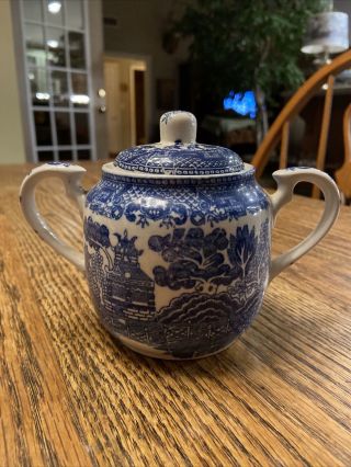 Vintage,  Japan 2 - Pc Blue Willow Sugar Bowl Japan