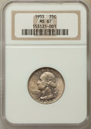 1955 - P 25c Washington Silver Quarter Gem Ngc Ms67 153121 - 001 Toning