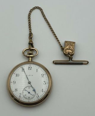 1916 Elgin Grade 315 12s 15j Open Faced Gold Filled Pocket Watch & Fob