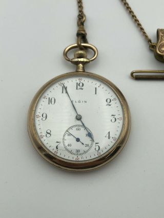 1916 Elgin Grade 315 12s 15j Open Faced Gold Filled Pocket Watch & Fob 2