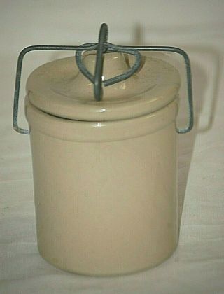 Vintage Beige Glazed Stoneware Butter Cheese Crock Wire Bail Latch Country Farm