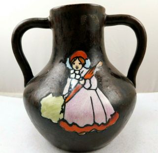 Antique Teplitz Stellmacher Amphora Pottery Girl Holding Umbrella Handled Vase