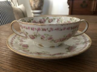 Chas Field Haviland Bullion Cup & Saucer Set - Pink Rose Floral Swag W/ Gold