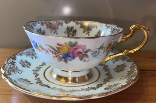 Paragon Hm Queen & Queen Mary Tea Cup & Saucer Set Green,  Gold,  Roses