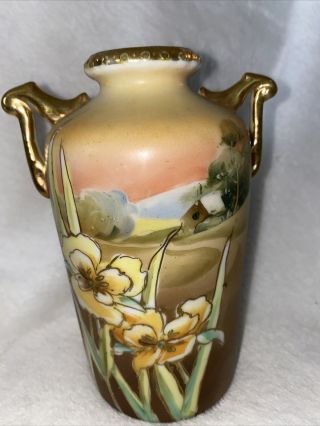 Antique Nippon Hand Painted Double Handled Vase Floral Landscape Gold 6.  5”