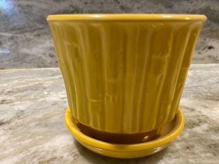 Mccoy Pottery Bright Yellow Bamboo Flower Pot Planter W Saucer Usa 4 " High 0372