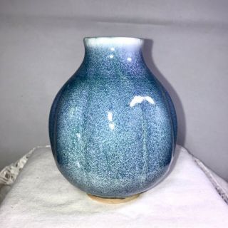 Hand Crafted Studio Art Pottery Blue Shiny Glaze Melon Signed Flower Vase