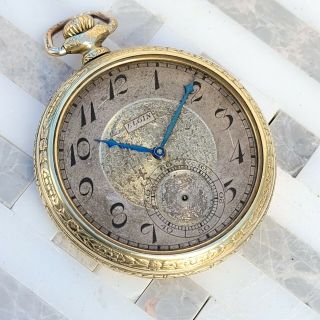 Sd4 Elgin Vintage Mens Pocket Watch Yellow Gold Filled Open Face Fancy Dial 2fix