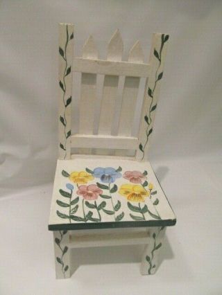 12 Inch White And Floral Painted Wooden Doll Or Bear Chair