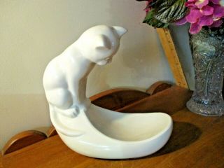 Mcm Royal Haeger White Pottery Cat Kitten Fish Bowl Figurine