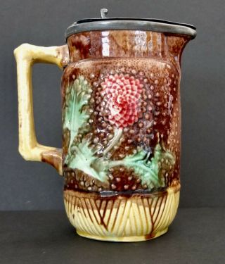 Antique Majolica Pitcher Red Flowers Green Leaves On Brown With Lid 7.  25 " Tall