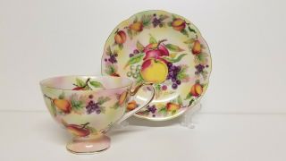 Lefton China Fruit Pattern Tea Cup Saucer Hand Painted Gold Trim E2722 Signed