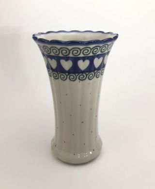 Boleslawiec Polish Pottery Vase With Hearts Blue And Green On White Hand Made