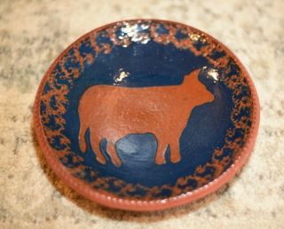 Ned Foltz Pottery Redware Cow Plate Blue Pennsylvania Glaze 7 1/2 " Diameter 1982