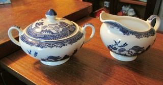 Vintage Blue Willow Sugar Bowl With Lid And Creamer England