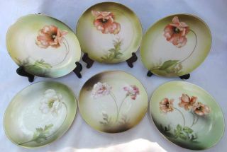 6 Vintage R S Germany Porcelain Hand Painted Art Nouveau Poppy Flowers Plates