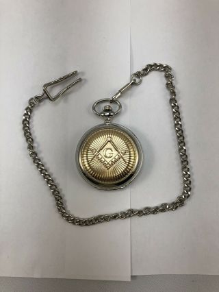 Boxx Mechanical Silver And Gold Tone Masonic Pocket Watch And Chain Boxed