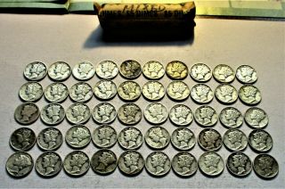 Full Roll (50) Circulated Mercury Dimes.  P - D - S Marks.  Assorted Dates.  (7)