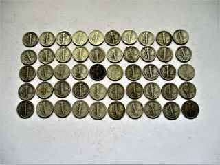 FULL ROLL (50) CIRCULATED MERCURY DIMES.  P - D - S MARKS.  ASSORTED DATES.  (7) 2