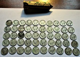 Full Roll (50) Circulated Mercury Dimes.  P - D - S Marks.  Assorted Dates.  (2)