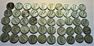 FULL ROLL (50) CIRCULATED MERCURY DIMES.  P - D - S MARKS.  ASSORTED DATES.  (2) 2