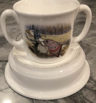 Wedgwood Childs Cup And Bowl Beatrix Potter Double Handle Jemima Pattern.