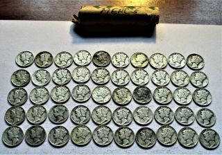Full Roll (50) Circulated Mercury Dimes.  P - D - S Marks.  Assorted Dates.  (6)