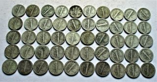 FULL ROLL (50) CIRCULATED MERCURY DIMES.  P - D - S MARKS.  ASSORTED DATES.  (6) 2
