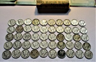 Full Roll (50) Circulated Mercury Dimes.  P - D - S Marks.  Assorted Dates.  (5)