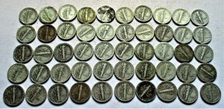 FULL ROLL (50) CIRCULATED MERCURY DIMES.  P - D - S MARKS.  ASSORTED DATES.  (5) 2