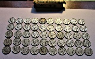 Full Roll (50) Circulated Mercury Dimes.  P - D - S Marks.  Assorted Dates.  (3)
